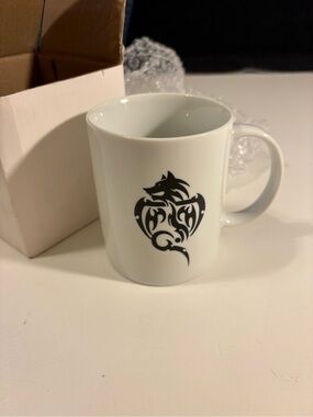 White Ceramic Mug with Black Tribal Dragon Graphic